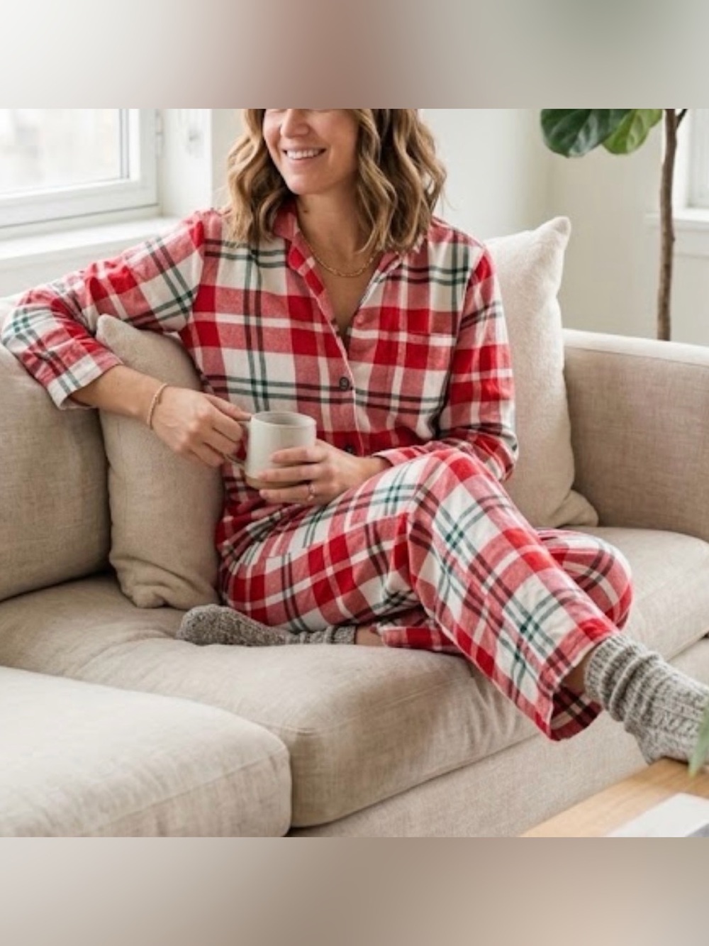 Old Navy Red White Green Plaid Button-Front Pajama Set S longwear Christmas wint